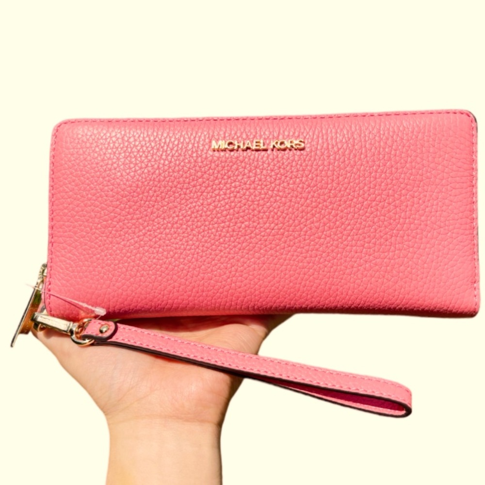 Michael Kors Jet Set Travel Continental Leather Wallet Wristlet Tea Rose